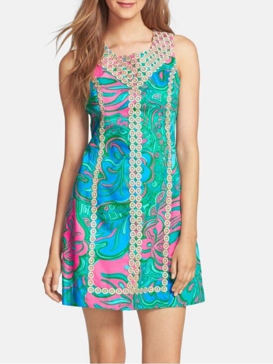 Lilly Pulitzer Dresses & Skirts - Lilly Pulitzer Macfarlane Gold Lace Multi Lilly Lounge Shift Dress Size 4